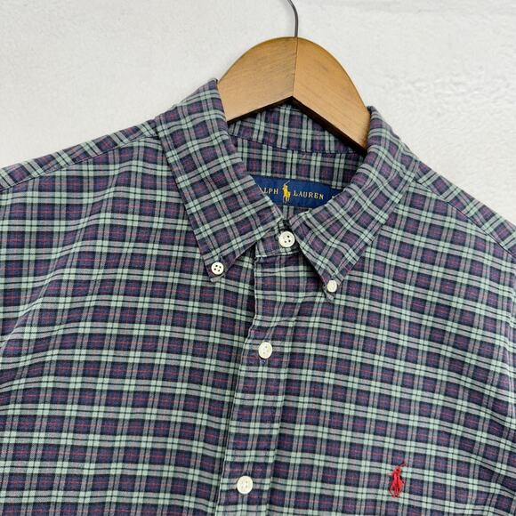 Ralph Lauren Shirt Men's Large Green Colorful Plaid Pony Logo Oxford Preppy OCBD - Picture 4 of 12